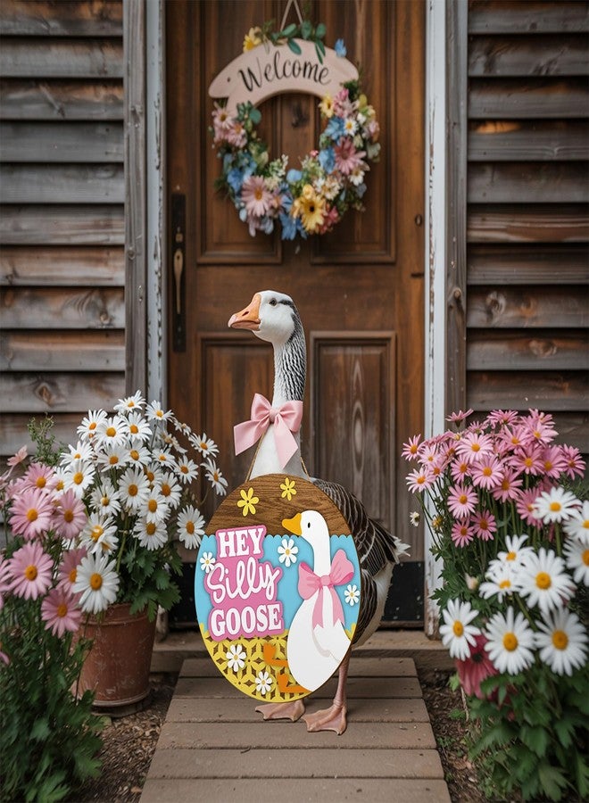 Whaline Hey Silly Goose Wooden Hanging Sign Goose and Flowers Welcome Door Sign Front Door Decor Signs for Indoor Outdoor Porch Wall - Image 5
