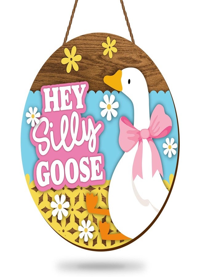 Whaline Hey Silly Goose Wooden Hanging Sign Goose and Flowers Welcome Door Sign Front Door Decor Signs for Indoor Outdoor Porch Wall - Image 1