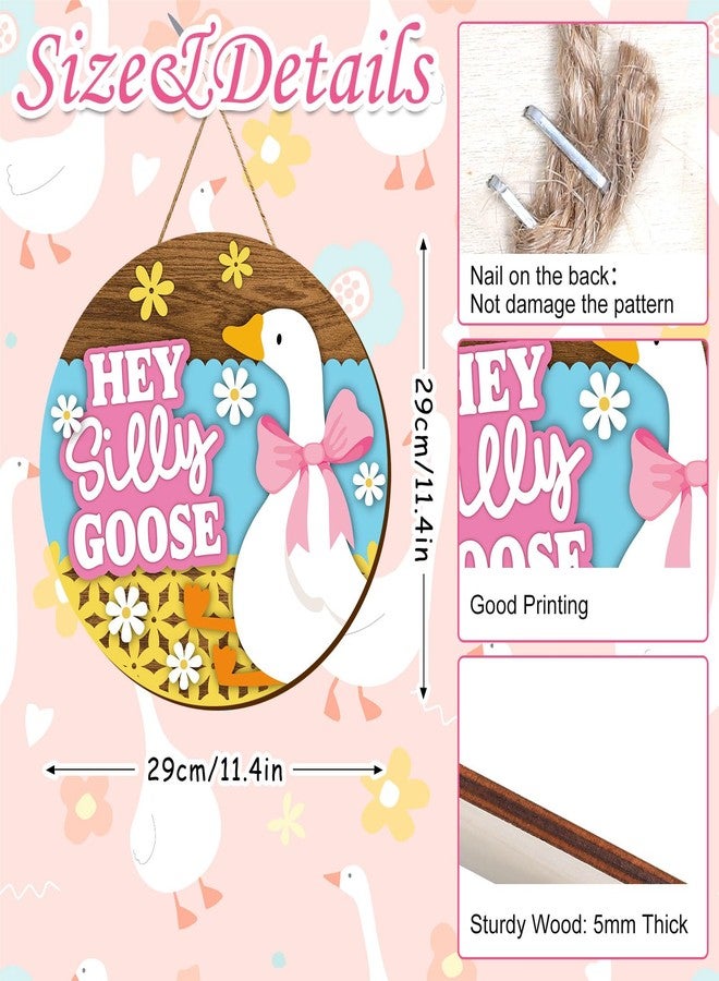 Whaline Hey Silly Goose Wooden Hanging Sign Goose and Flowers Welcome Door Sign Front Door Decor Signs for Indoor Outdoor Porch Wall - Image 2