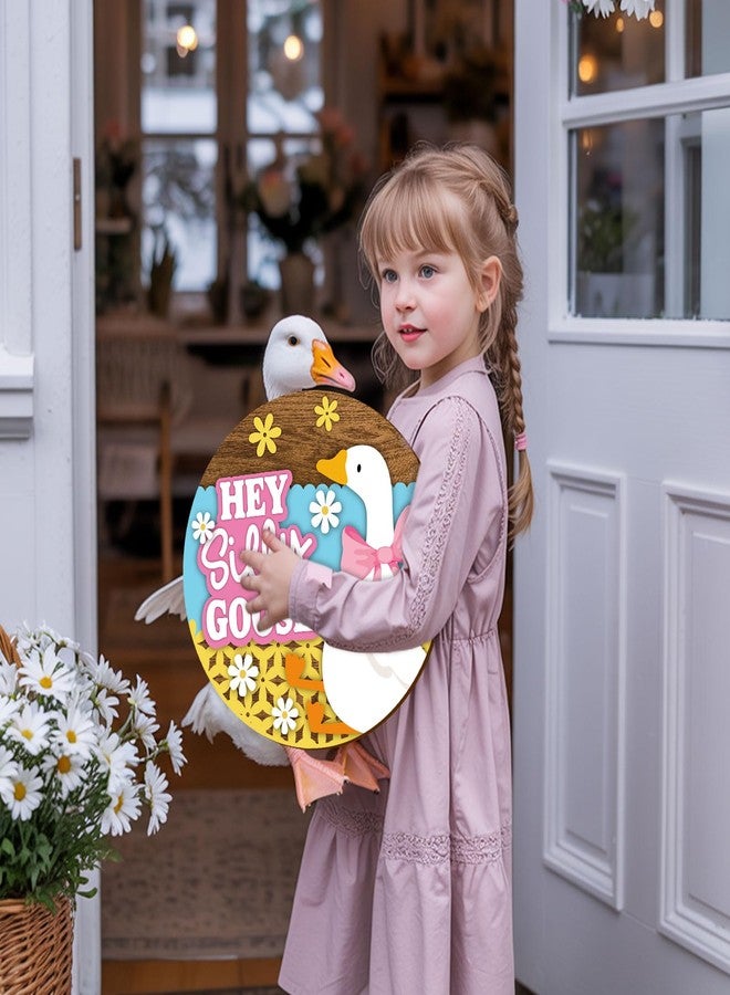 Whaline Hey Silly Goose Wooden Hanging Sign Goose and Flowers Welcome Door Sign Front Door Decor Signs for Indoor Outdoor Porch Wall - Image 3