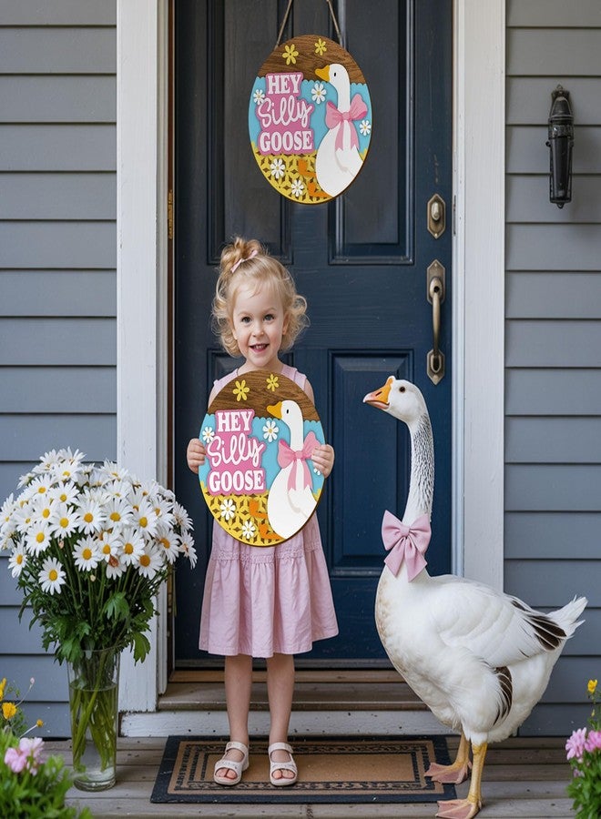 Whaline Hey Silly Goose Wooden Hanging Sign Goose and Flowers Welcome Door Sign Front Door Decor Signs for Indoor Outdoor Porch Wall - Image 4