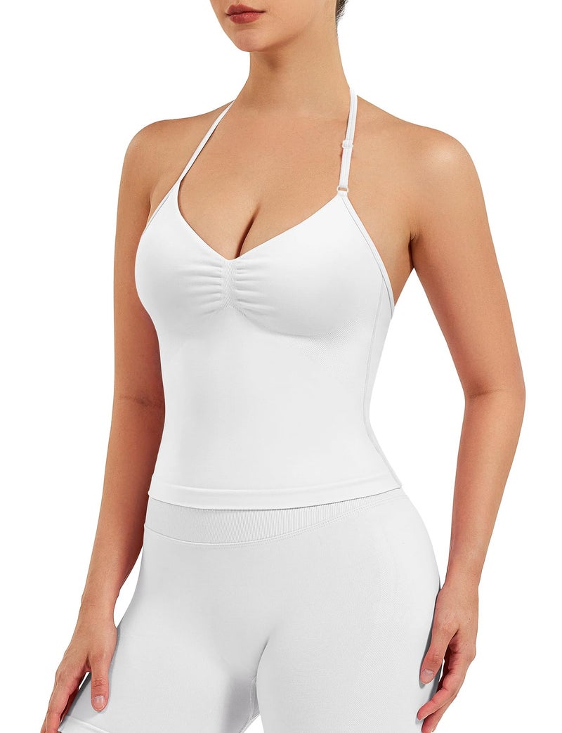 VOYJOY Impact Longline Strappy Top Workout Tank Tops for Women Impact Gym Sports Bra Camis White - Image 4