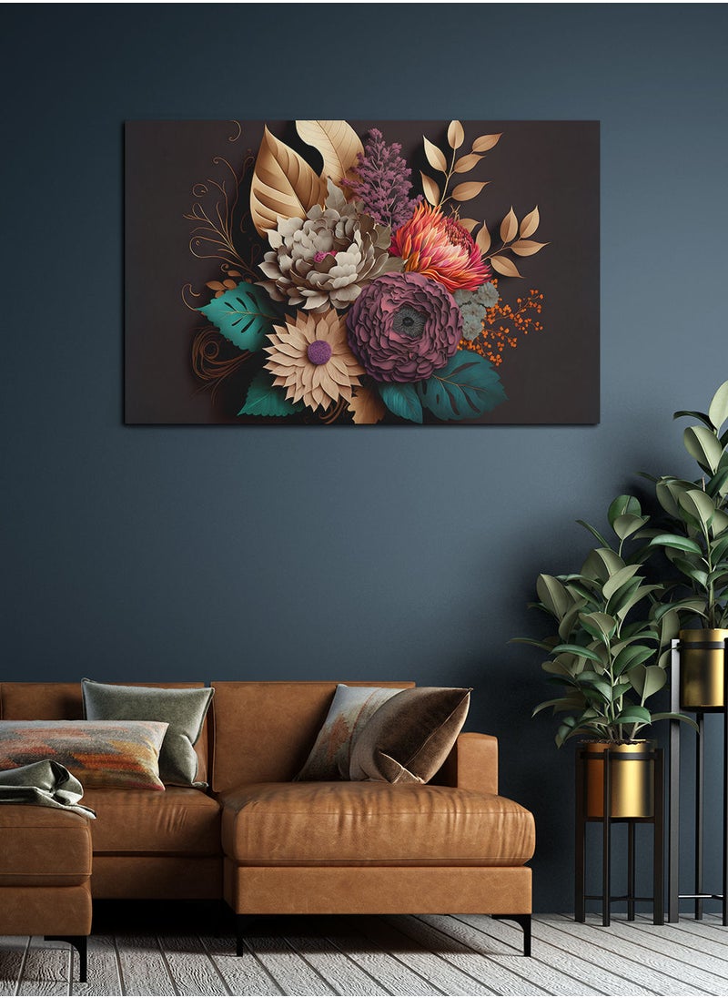 LOWHA Framed Canvas Wall Art Stretched Over Wooden Frame, Luxurios Bouquet Of Flowers Landscape Orientatio Painting, For Home, Living Room, Office Decor  - Image 2