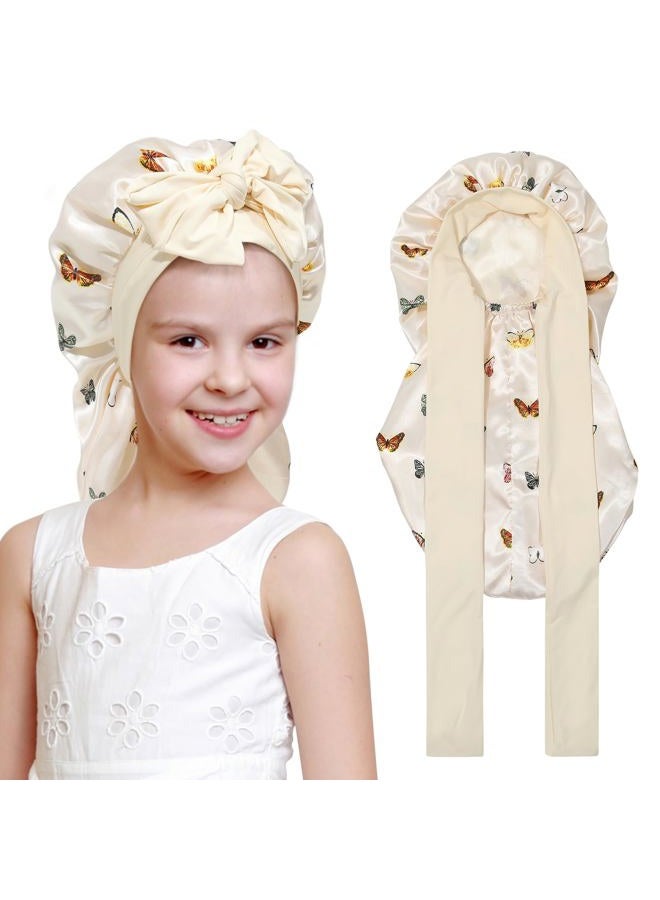 AWAYTR Kids Long Hair Bonnet for Sleeping - Double Layer Girls Elastic Satin Bonnet with Tie Band for Braid Curly Hair (Butterfly+Beige) - Image 1