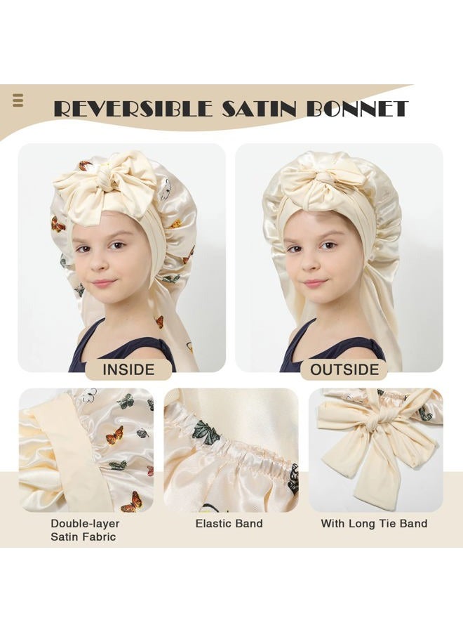 AWAYTR Kids Long Hair Bonnet for Sleeping - Double Layer Girls Elastic Satin Bonnet with Tie Band for Braid Curly Hair (Butterfly+Beige) - Image 2