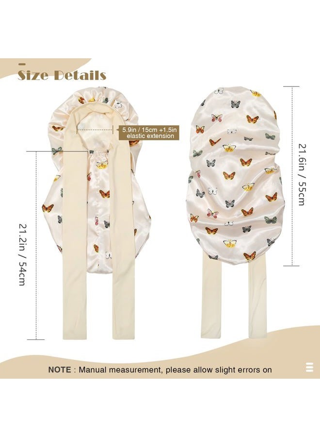AWAYTR Kids Long Hair Bonnet for Sleeping - Double Layer Girls Elastic Satin Bonnet with Tie Band for Braid Curly Hair (Butterfly+Beige) - Image 3