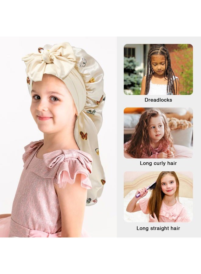 AWAYTR Kids Long Hair Bonnet for Sleeping - Double Layer Girls Elastic Satin Bonnet with Tie Band for Braid Curly Hair (Butterfly+Beige) - Image 4