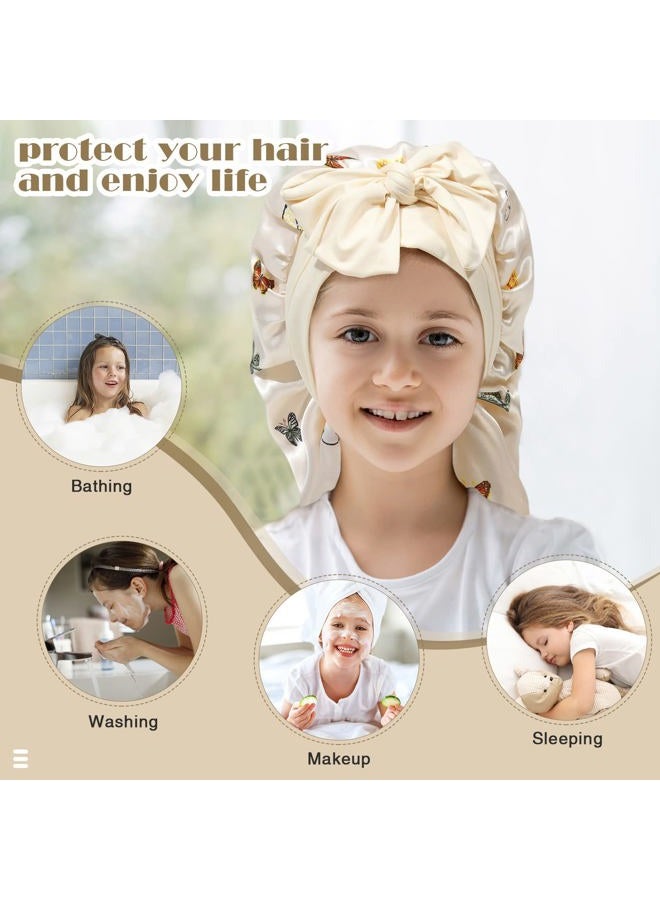 AWAYTR Kids Long Hair Bonnet for Sleeping - Double Layer Girls Elastic Satin Bonnet with Tie Band for Braid Curly Hair (Butterfly+Beige) - Image 5