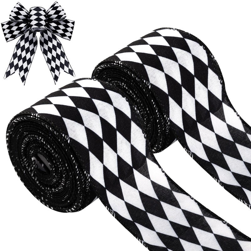 Mtlee 2 Rolls Christmas Checkered Ribbon Black and White Check Ribbon Diamond Check Wired Edge Ribbon Diamond Pattern Decorative Ribbons for Christmas Fall Tree Wrapping DIY Crafts 26 Inch