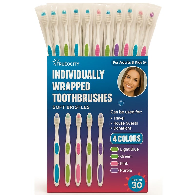 Trueocity 30 Pack Individually Wrapped Toothbrushes Soft Bristle MultiColored and Perfect for Adults and Kids Travel Pack Disposable Toothbrushes for Bulk Use Oral Care Supplies