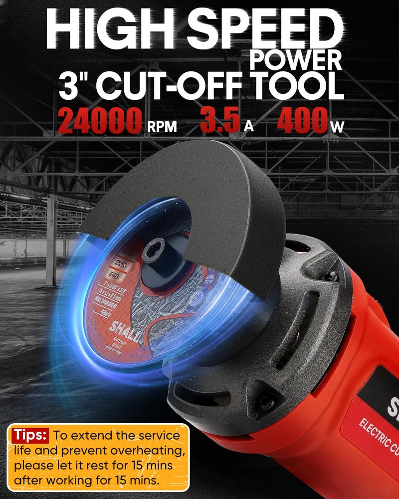 SHALL 3 Inch High-Speed Cut Off Tool, 3.5 Amp Metal Cutter Tool with 3Pcs Multifunctional Cut Off Wheels, 24000RPM Electricl Metal Cutting Tools for Steel, Inox - Image 2
