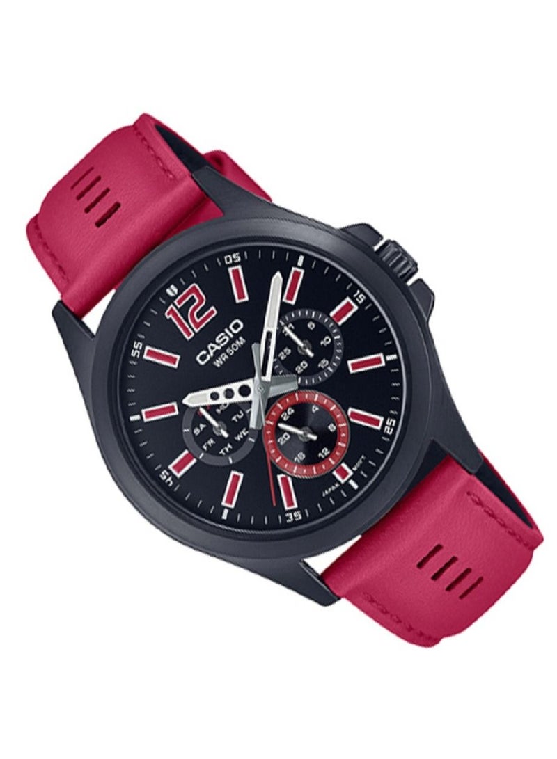 كاسيو ساعة للرجال انالوج بعقارب متعددة اسود مينا جلد طبيعي سوار جلدي احمر مطلي ايون اسود MTP-E350BL-1BVDF - Image 3