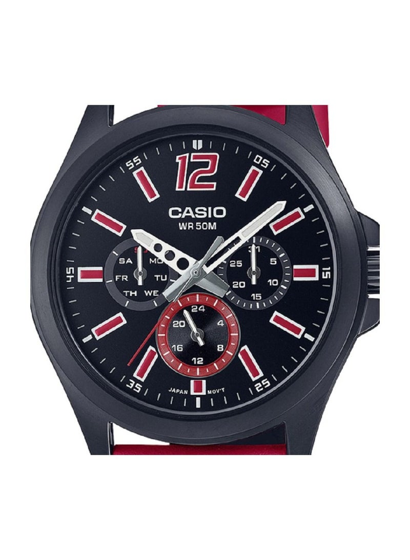 كاسيو ساعة للرجال انالوج بعقارب متعددة اسود مينا جلد طبيعي سوار جلدي احمر مطلي ايون اسود MTP-E350BL-1BVDF - Image 2