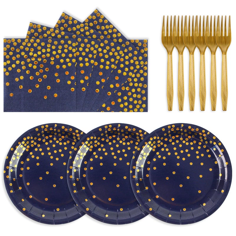 PUEVENYI 75PCS Paper Plates and Napkins Set - Dark Blue and Gold Dot Disposable Party Dinnerware Includes Paper Plates  Napkins  Forks Decorations for Birthdays  Graduations  Weddings and Holidays  Serves 25 - Image 1