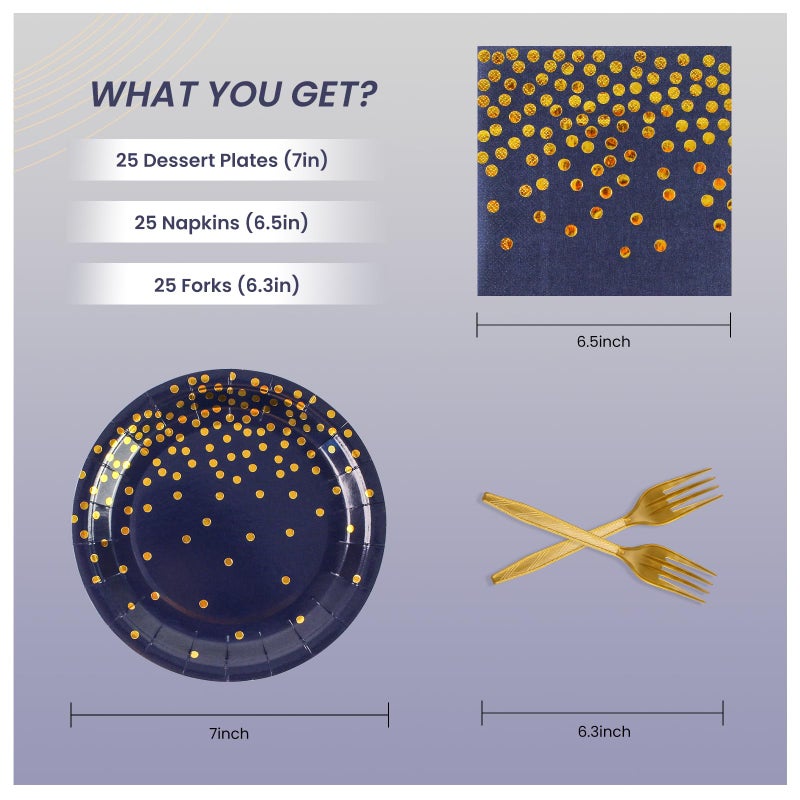 PUEVENYI 75PCS Paper Plates and Napkins Set - Dark Blue and Gold Dot Disposable Party Dinnerware Includes Paper Plates  Napkins  Forks Decorations for Birthdays  Graduations  Weddings and Holidays  Serves 25 - Image 2