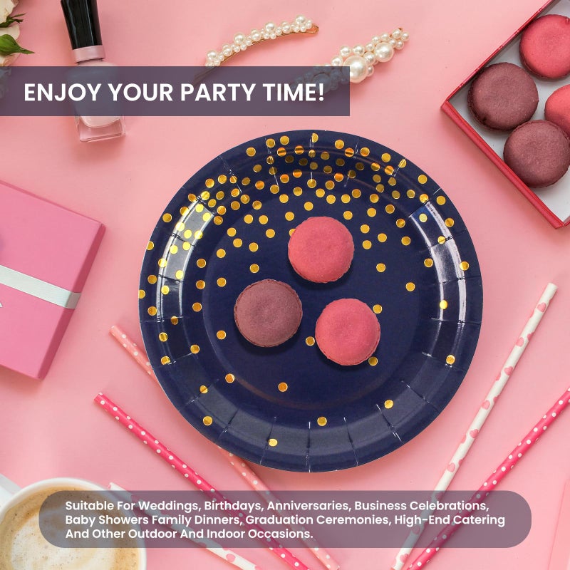 PUEVENYI 75PCS Paper Plates and Napkins Set - Dark Blue and Gold Dot Disposable Party Dinnerware Includes Paper Plates  Napkins  Forks Decorations for Birthdays  Graduations  Weddings and Holidays  Serves 25 - Image 5