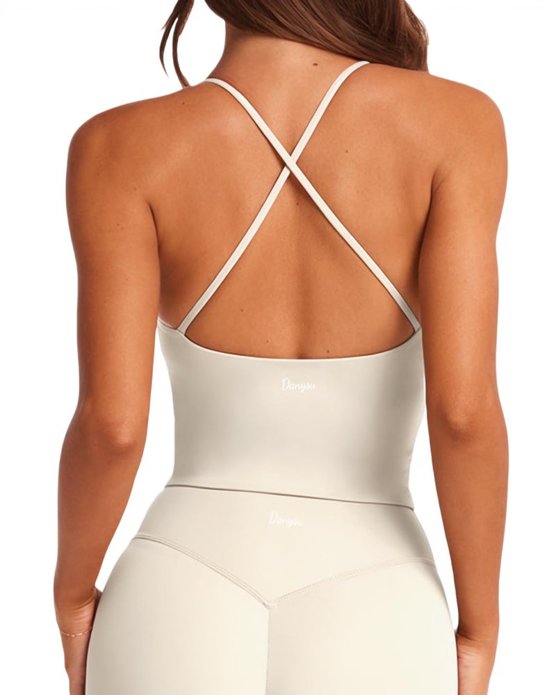 Danysu Sculpt Workout Tank Tops Women Longline Sports Bras Workout Tops for Women Light Support Strappy Padded Yoga Top Scoop Necak Lemond Frosting XS - Image 1