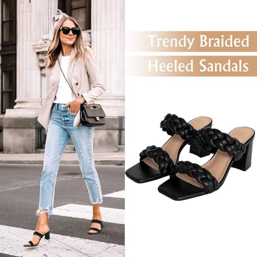 Athlefit Women's Braided Heeled Sandals Summer Square Open Toe Slip on Block Black Heels Size 8 - Image 2