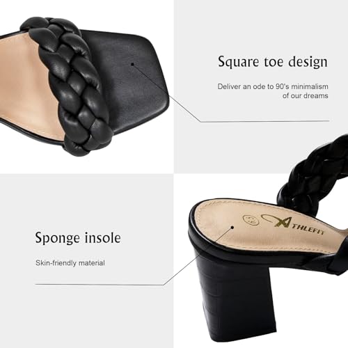 Athlefit Women's Braided Heeled Sandals Summer Square Open Toe Slip on Block Black Heels Size 8 - Image 4