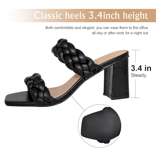 Athlefit Women's Braided Heeled Sandals Summer Square Open Toe Slip on Block Black Heels Size 8 - Image 3