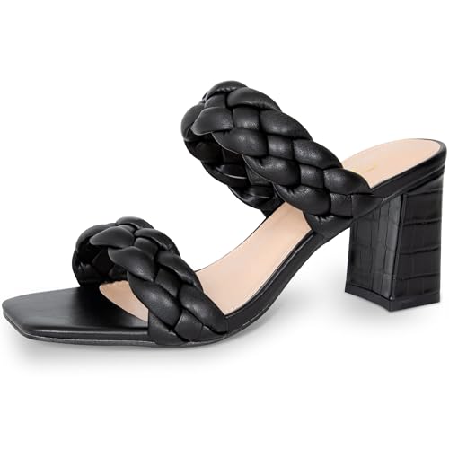 Athlefit Women's Braided Heeled Sandals Summer Square Open Toe Slip on Block Black Heels Size 8 - Image 1
