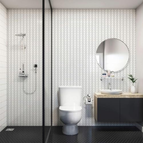 Erfoni Black and White Peel and Stick Wallpaper Modern Herringbone Contact Paper Bathroom 17.7inch x 236.2inch Geometric Removable Wallpaper Peel and Stick Backsplash Self Adhesive Contact Paper - Image 4