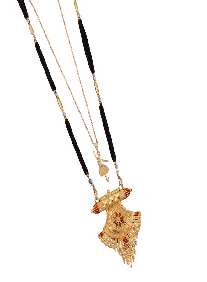 MALKYN Women's Gold Plated Floral Motif Mangalsutra with Red Enamel Accents and Ballerina Pendant Layered Necklace Set, Traditional Black Beaded Indian Jewelry-MD-053 - Image 1