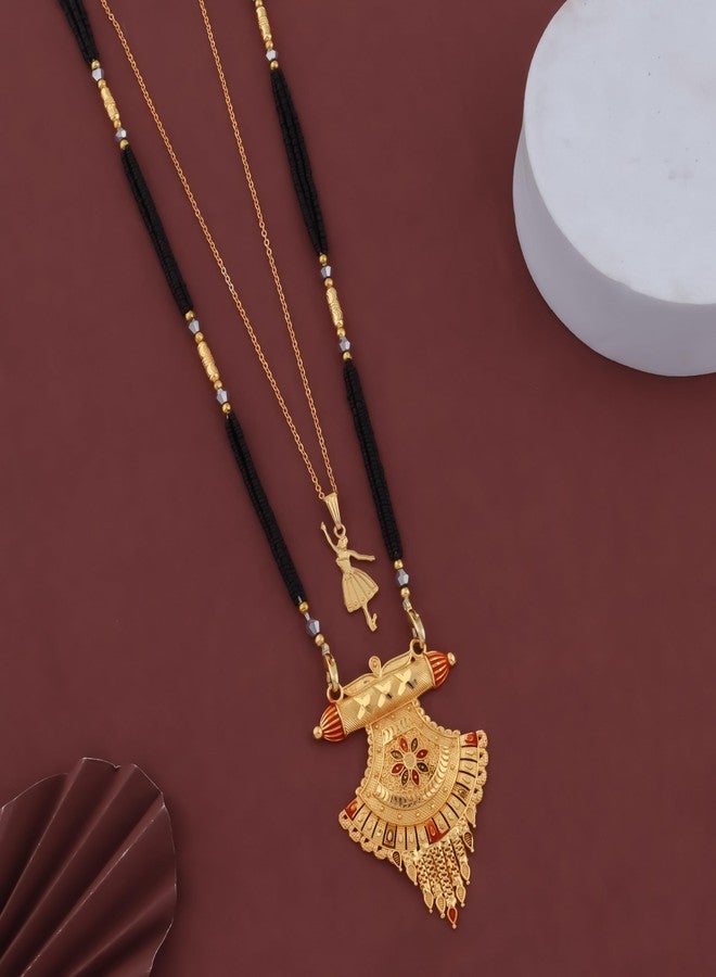 MALKYN Women's Gold Plated Floral Motif Mangalsutra with Red Enamel Accents and Ballerina Pendant Layered Necklace Set, Traditional Black Beaded Indian Jewelry-MD-053 - Image 2