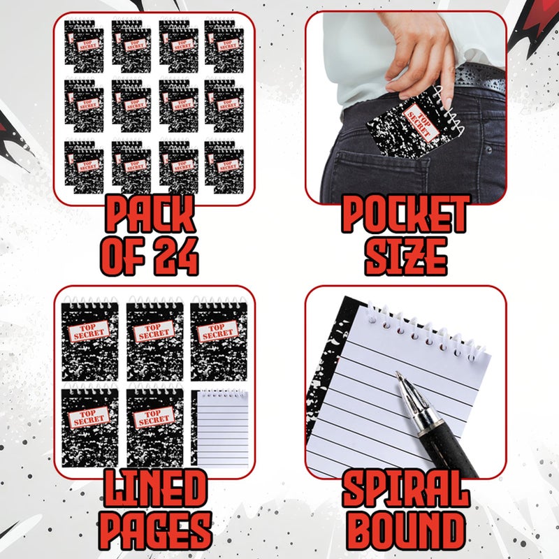 Bedwina Top Secret Mini Notebooks for Kids Party Favors - (Pack of 24) Spiral Small Notebook Pads for Murder Mystery Party Decor, Secret Agent Spy or Crime Detective Themed Parties, Goody Bag Notepads - Image 2