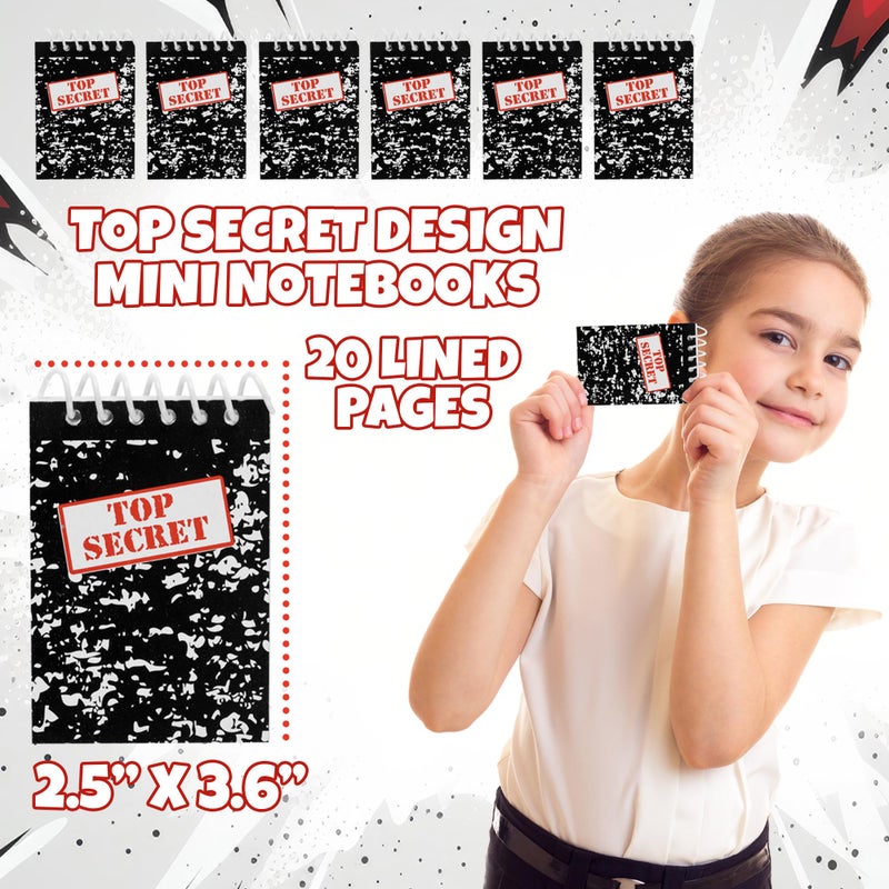 Bedwina Top Secret Mini Notebooks for Kids Party Favors - (Pack of 24) Spiral Small Notebook Pads for Murder Mystery Party Decor, Secret Agent Spy or Crime Detective Themed Parties, Goody Bag Notepads - Image 3