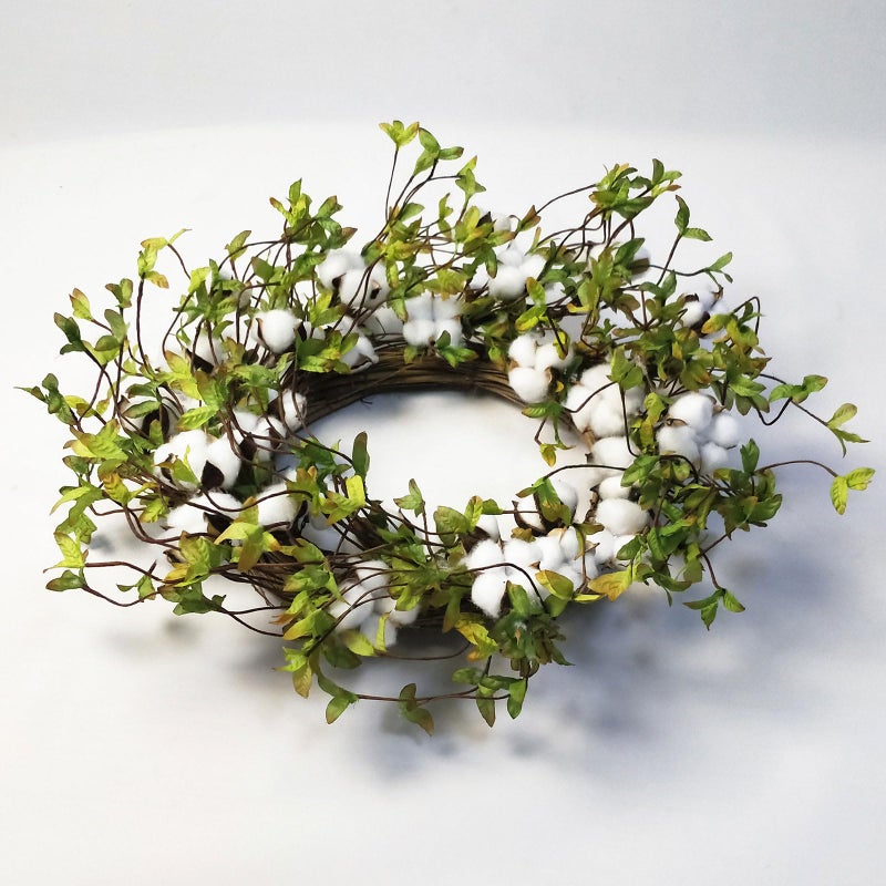 idyllic Green Leaves and Cotton Wreath for Front Door, Artificial Wreath on a Natural Twig Base for Farmhouse, Garden, Wedding, Decor - Image 5