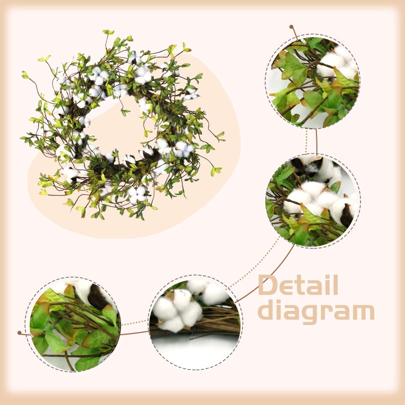 idyllic Green Leaves and Cotton Wreath for Front Door, Artificial Wreath on a Natural Twig Base for Farmhouse, Garden, Wedding, Decor - Image 3