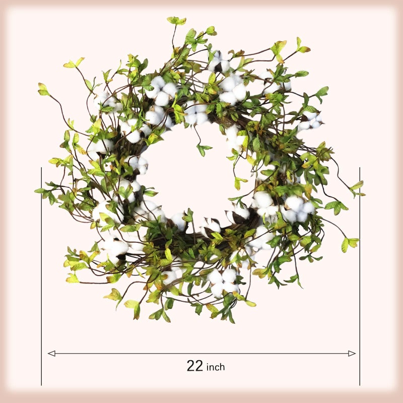 idyllic Green Leaves and Cotton Wreath for Front Door, Artificial Wreath on a Natural Twig Base for Farmhouse, Garden, Wedding, Decor - Image 2
