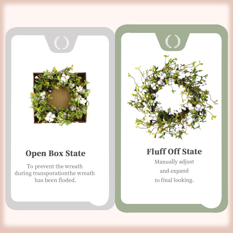 idyllic Green Leaves and Cotton Wreath for Front Door, Artificial Wreath on a Natural Twig Base for Farmhouse, Garden, Wedding, Decor - Image 4