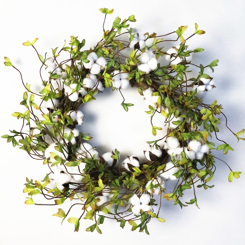 idyllic Green Leaves and Cotton Wreath for Front Door, Artificial Wreath on a Natural Twig Base for Farmhouse, Garden, Wedding, Decor - Image 1