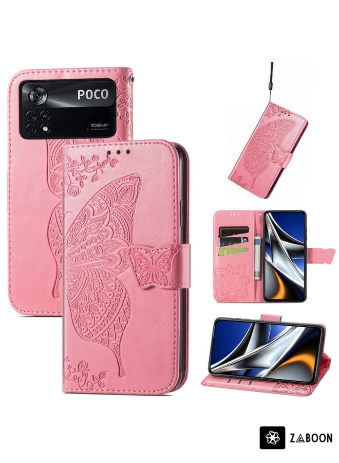Zaboon Protective Case Cover For Xiaomi Poco X4 Pro 5G Butterfly Love Flower Embossed Leather - Image 1