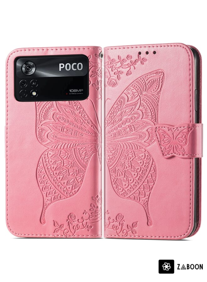 Zaboon Protective Case Cover For Xiaomi Poco X4 Pro 5G Butterfly Love Flower Embossed Leather - Image 2