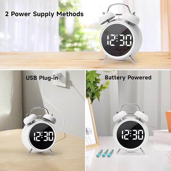 MIXEN Fun Clock Multifunction Battery Powered Table Clocks Extra Loud 3D led Twin Bell Alarm Clock Digital Alarm Clock DualAlarms 1224Hr for Bedroom Office Table White - Image 4