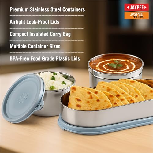 Jaypee Plus Basix Lunch Box for Office 1300 ml 3 Containers (1-450 ml, 2-400 ml) Air Tight Leakproof Stainless Steel Container with Bag | BPA Free | Easy to wash | Ideal for College & School, Grey - Image 5