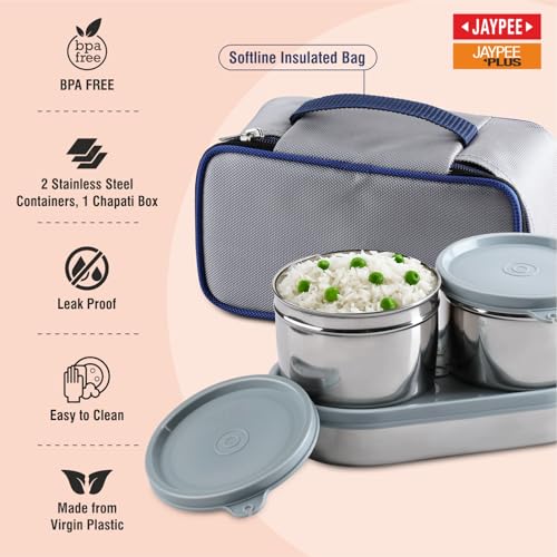 Jaypee Plus Basix Lunch Box for Office 1300 ml 3 Containers (1-450 ml, 2-400 ml) Air Tight Leakproof Stainless Steel Container with Bag | BPA Free | Easy to wash | Ideal for College & School, Grey - Image 2