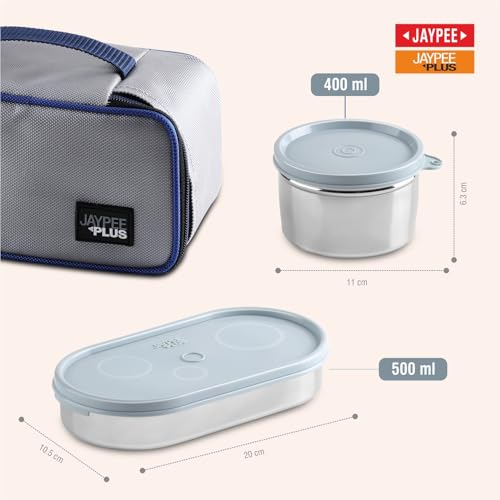 Jaypee Plus Basix Lunch Box for Office 1300 ml 3 Containers (1-450 ml, 2-400 ml) Air Tight Leakproof Stainless Steel Container with Bag | BPA Free | Easy to wash | Ideal for College & School, Grey - Image 3