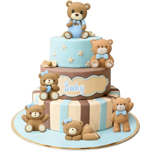 Silipull 6 Pcs 3D Bear Cake Toppers Bear Cake Decorations Baby Shower Party Favors Home Ornaments for Baby Shower Birthday Party Cake Supplies Boys Girl GiftsBlue - Image 1