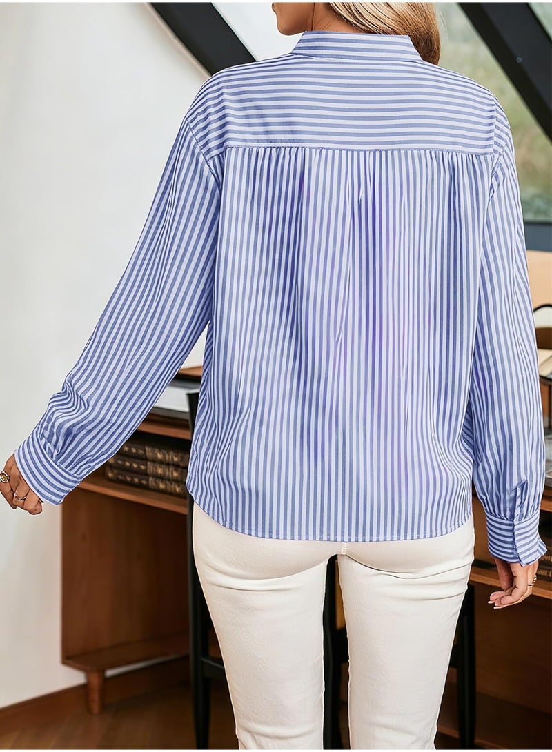 Astylish Women's Button Down Classic Stripe Shirt Casual Tops 2026 Fall Flowy Long Sleeve Ruffle V Neck Boho Vertical Thin Striped Blouses Blue Stripe Medium - Image 5