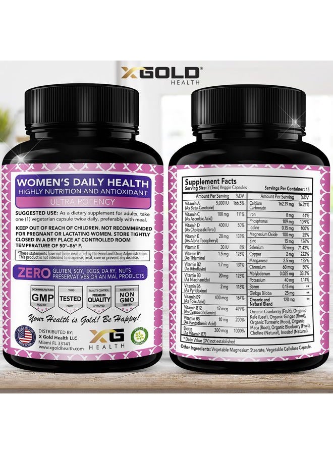 X Gold Health Vegan Women's Daily Multivitamin 50 Plus with Organic WholeFood Based Natural Ingredients, Ginger, Maca, Multi-Vitamin B Complex & More - Energy Support, Immune System Booster -90 Capsules - Image 2