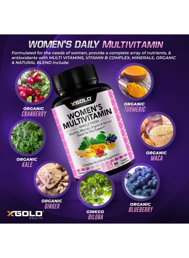 X Gold Health Vegan Women's Daily Multivitamin 50 Plus with Organic WholeFood Based Natural Ingredients, Ginger, Maca, Multi-Vitamin B Complex & More - Energy Support, Immune System Booster -90 Capsules - Image 4
