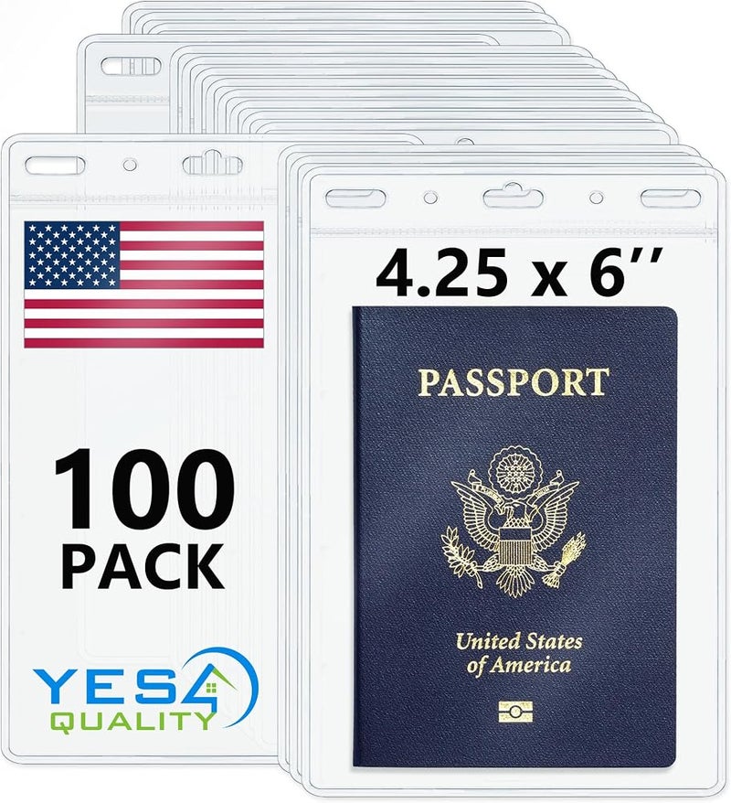 Yes4Quality - Vertical Passport & ID Badge Holder - 4x6 Inch, 100 Pack - Clear Name Badge Holders for Travel, Work & Events - Zipperless Card Protector for Vaccination Cards, Tickets & Credentials - Image 1