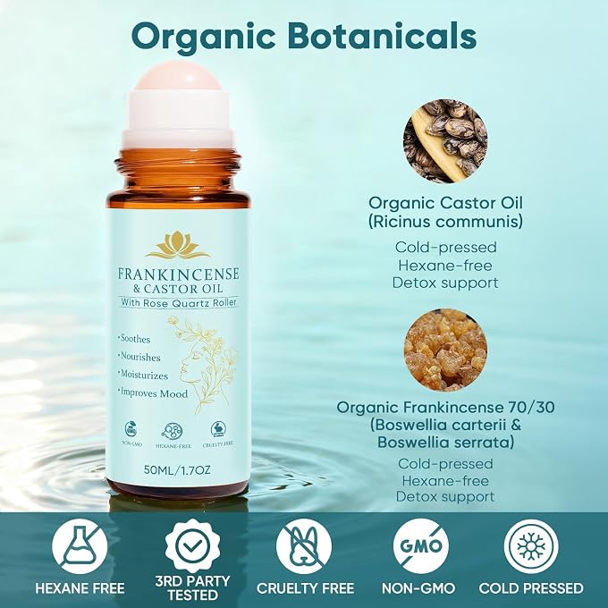 YOOJ Frankincense and Organic Castor Oil, Castor Oil Roll On with Rose Quartz, 100% Pure, Cold-Pressed, Firms Skin, Reduces Fine Lines & Hormone Balance, Suitable for Face, Neck, Abdomen, 50ML - Image 3