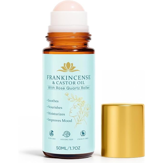 YOOJ Frankincense and Organic Castor Oil, Castor Oil Roll On with Rose Quartz, 100% Pure, Cold-Pressed, Firms Skin, Reduces Fine Lines & Hormone Balance, Suitable for Face, Neck, Abdomen, 50ML - Image 1