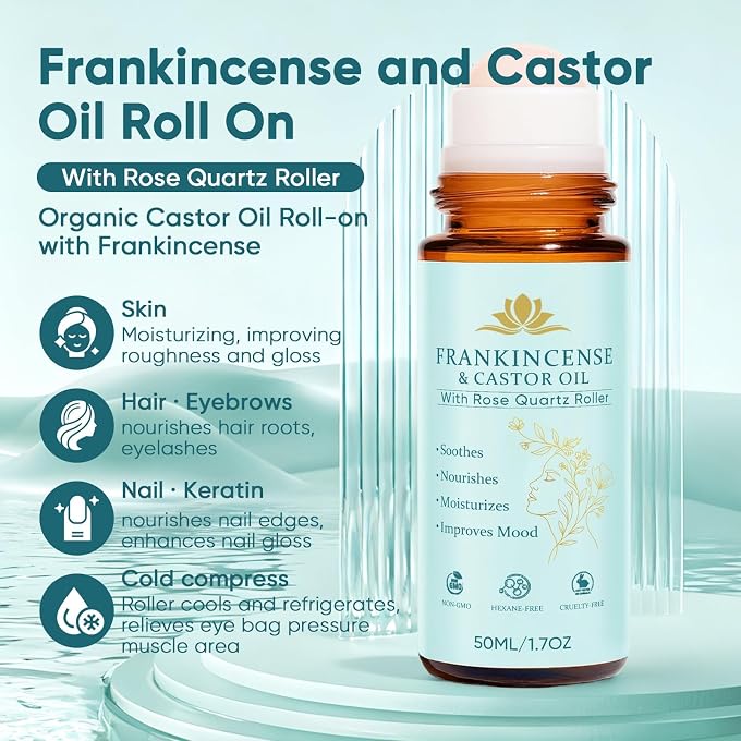 YOOJ Frankincense and Organic Castor Oil, Castor Oil Roll On with Rose Quartz, 100% Pure, Cold-Pressed, Firms Skin, Reduces Fine Lines & Hormone Balance, Suitable for Face, Neck, Abdomen, 50ML - Image 2