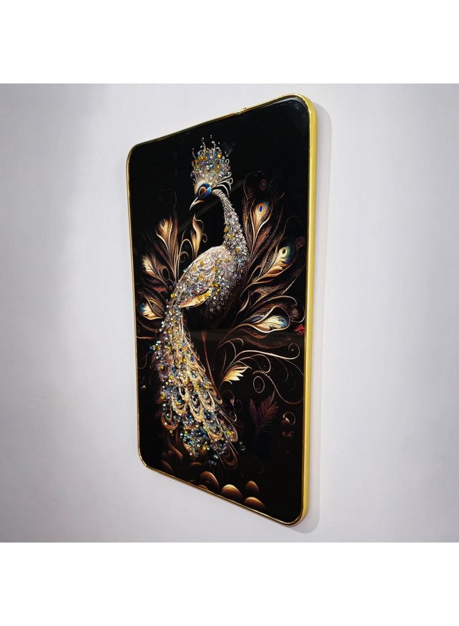Masstone Decorative Peacock Wall Painting with Crystal Embedded High Gloss Surface Gold Slim Frame Embossed, 45x30 cm Wall Hanging Photos Home Décor Wall Art For Living Room, Bedroom, Office - Image 2